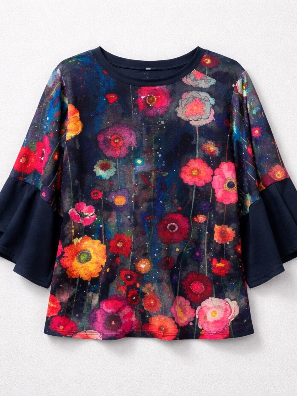 Floral Split-Neck Flutter Sleeve Top - Turquoise with Pink & Red Blooms - Picture 2 of 5